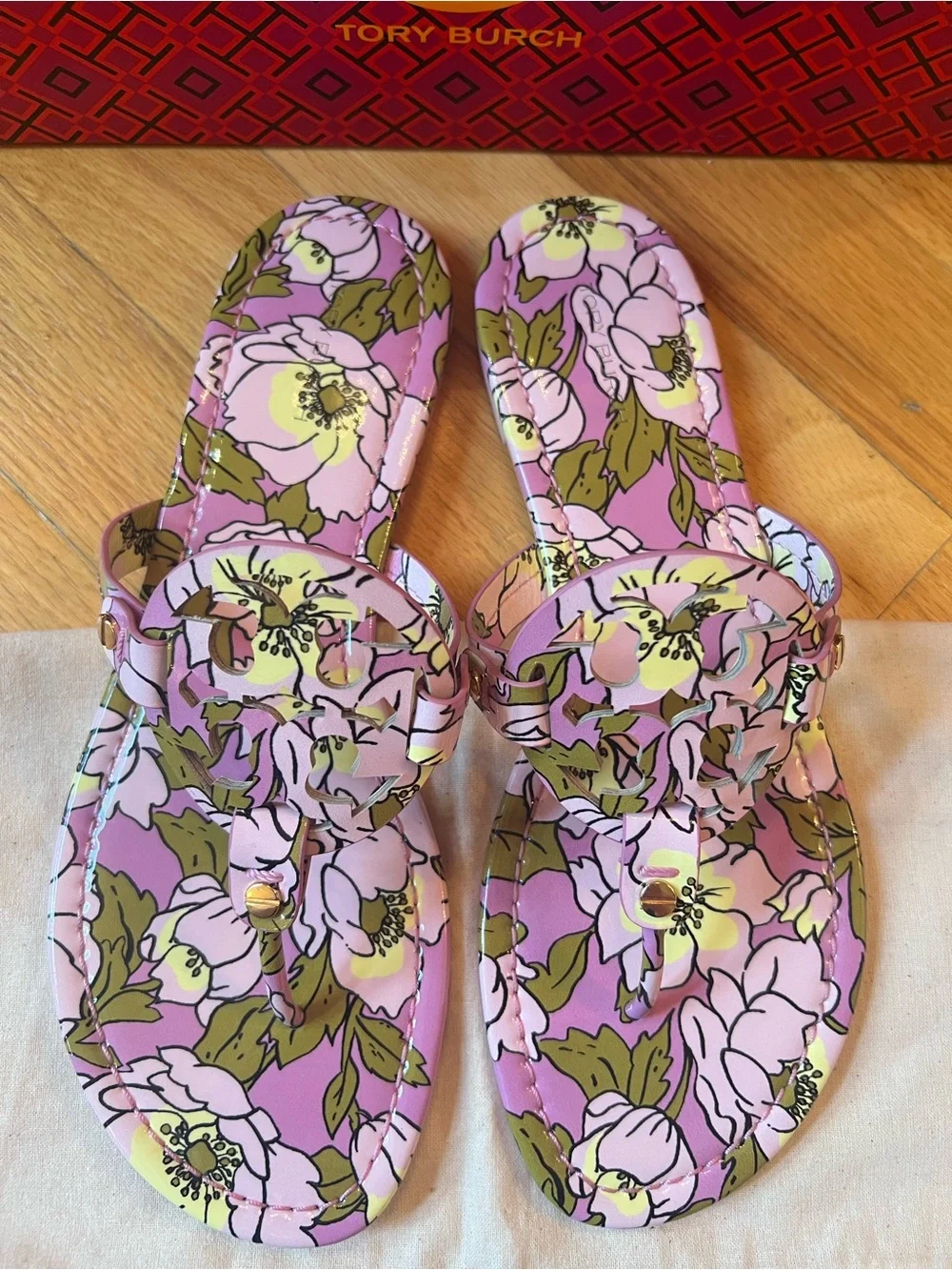 Tory Burch Lavender Purple Floral Printed Patent Leather Miller Sandals